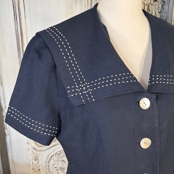 Cynthia Howie Navy Blue Linen Blend Sailor Dress with Shell Button Detail - Picture 4 of 8
